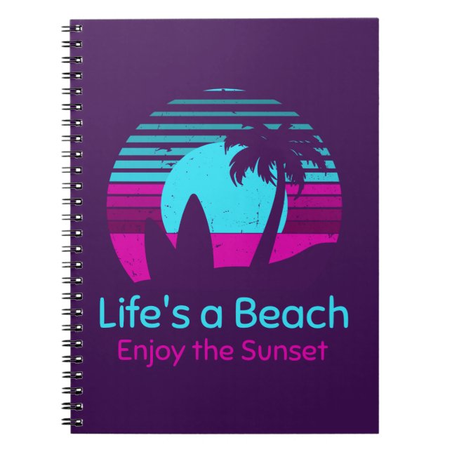 Retro Sunset Surfboard Palm Tree Life's a Beach Notebook (Front)