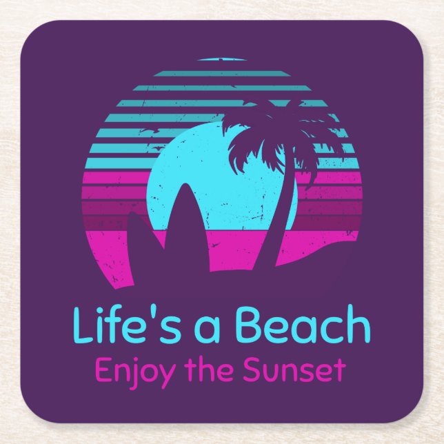 Retro Sunset Surfboard Palm Tree Life's a Beach Square Paper Coaster (Front)