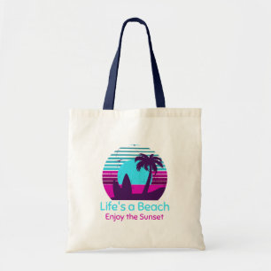 Retro Sunset Surfboard Palm Tree Life's a Beach Tote Bag