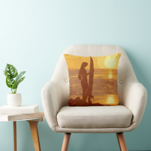 Retro Sunset Surfer Girl Cushion