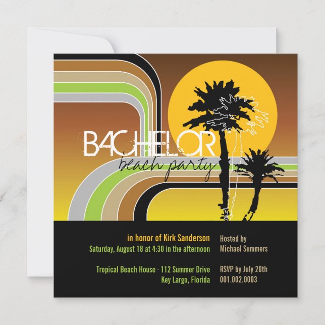 Retro Sunset Tropical Palm Tree Bachelor Party Invitation (Front)