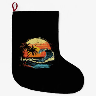 Retro Sunset Tropical Vintage Beach Palm Tree for  Large Christmas Stocking