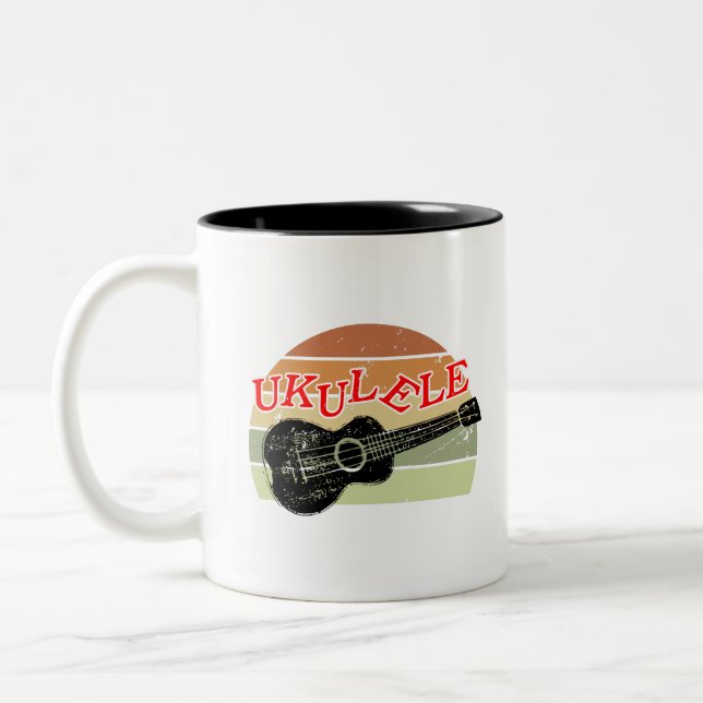 Retro Sunset Ukulele Distressed Drawing Two-Tone Coffee Mug (Left)