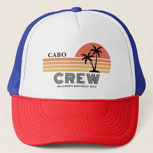 Retro Sunset Vacation Birthday Trip 90's Bday Crew Trucker Hat (Front)