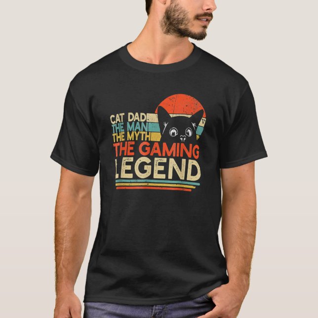 Retro Sunset Video Game Player Cat Dad Myth Gaming T-Shirt (Front)