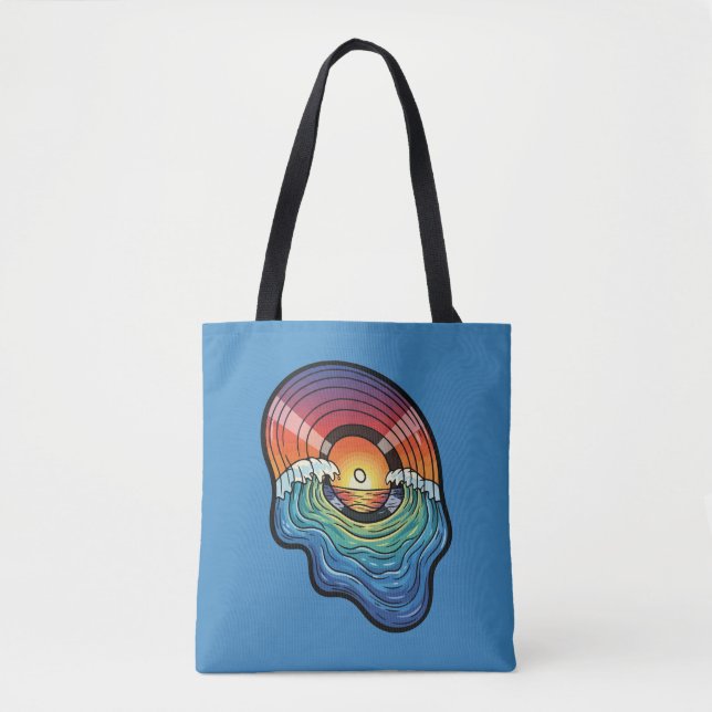 Retro Sunset Wave Vinyl Aesthetic Tote Bag (Front)