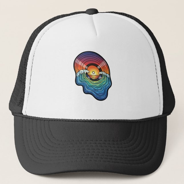 Retro Sunset Wave Vinyl Aesthetic Trucker Hat (Front)