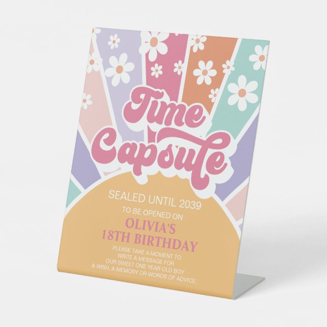 Retro Sunshine 1st Birthday Time Capsule Pedestal Sign (Front)