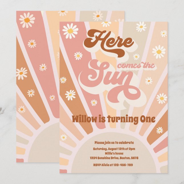 Retro Sunshine Birthday Here Come The Sun Party Invitation (Front/Back)