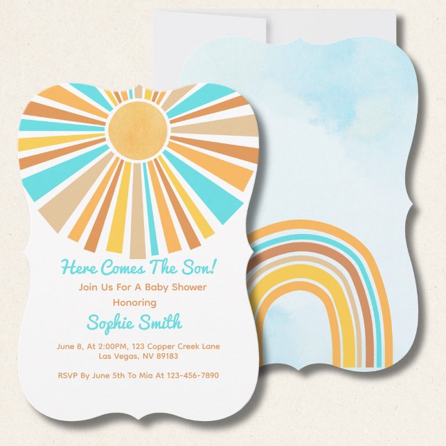 Retro Sunshine Boho Rainbow, Here Comes The Son Invitation (Creator Uploaded)