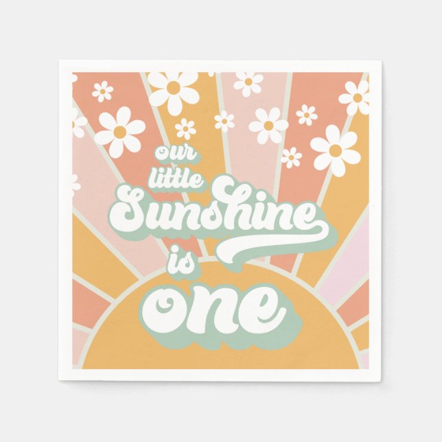 Retro Sunshine daisy boho floral first birthday Napkin (Front)