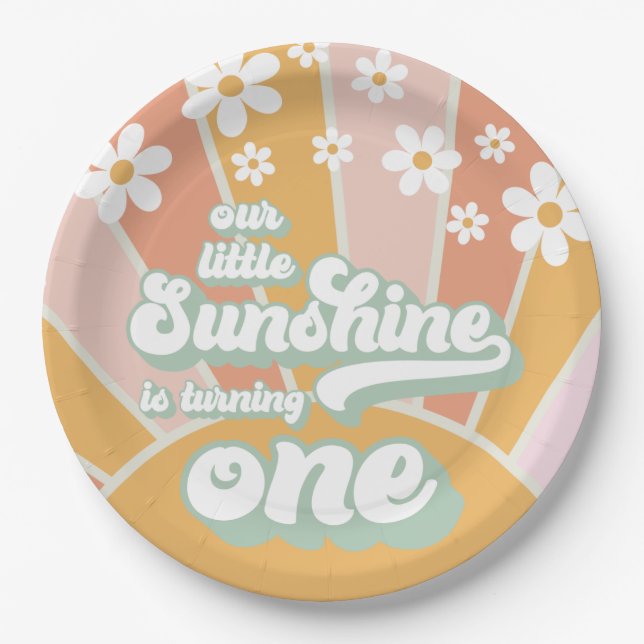 Retro Sunshine daisy boho floral first birthday Paper Plate (Front)