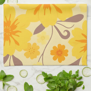 Retro Sunshine Floral Pattern-Yellow Flowers Tea Towel