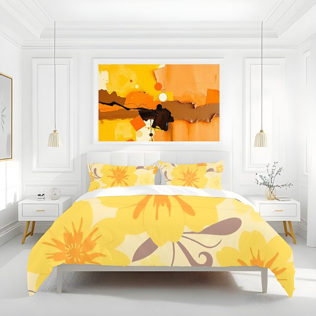 Retro Sunshine Florals-Yellow Flowers Pillowcase (Retro Sunshine Flowers-Butter yellow, tangerine orange and mocha mousse- Duvet cover and Pillow case)
