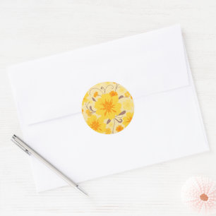Retro Sunshine Flowers-Yellow Floral Pattern Classic Round Sticker