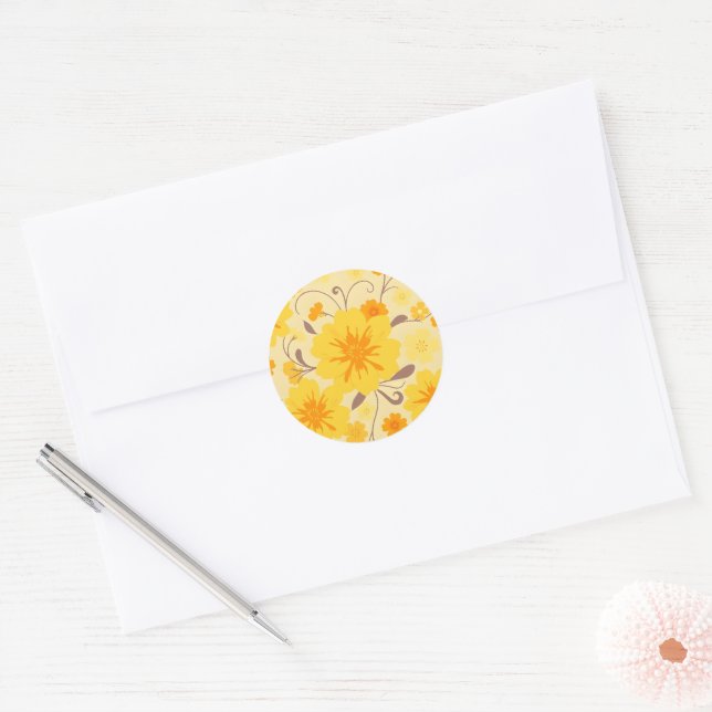 Retro Sunshine Flowers-Yellow Floral Pattern Classic Round Sticker (Envelope)