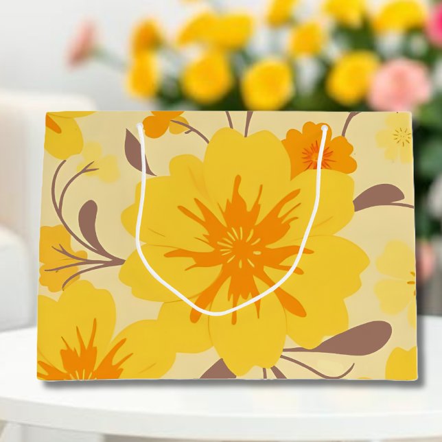 Retro Sunshine Flowers-Yellow Floral Pattern Large Gift Bag (Retro Sunshine Flowers-Yellow Floral Pattern Large Gift Bag )