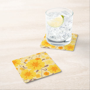 Retro Sunshine Flowers-Yellow Floral Pattern Square Paper Coaster