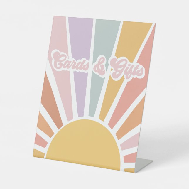 Retro Sunshine Groovy Baby Shower Cards & Gifts Pedestal Sign (Front)