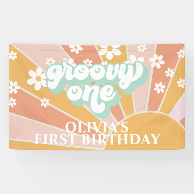 Retro Sunshine Groovy One Daisy Birthday Banner (Horizontal)