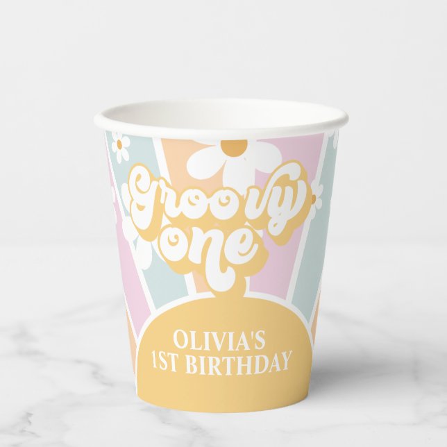Retro Sunshine Groovy One pastel Daisy Birthday Pa Paper Cups (Front)