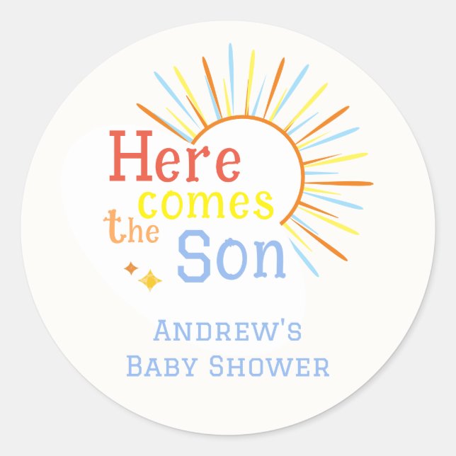 Retro Sunshine Here Comes The Son Baby Shower  Classic Round Sticker (Front)