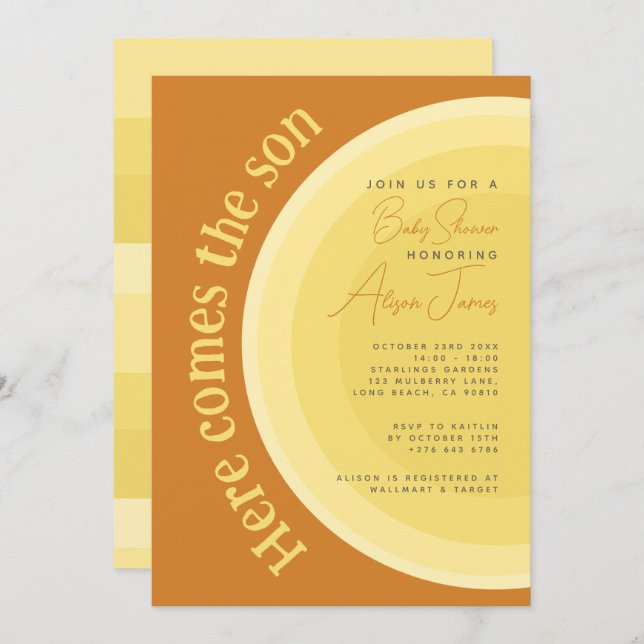 Retro Sunshine Here Comes the Son Baby Shower Invitation (Front/Back)