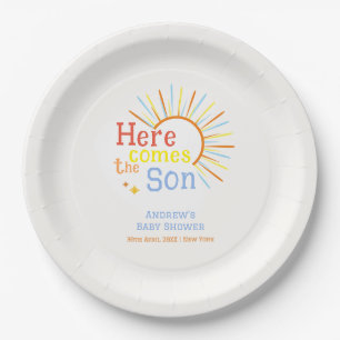 Retro Sunshine Here Comes The Son Baby Shower Paper Plate