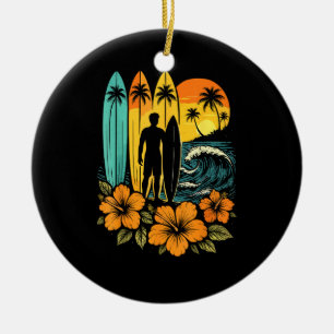 Retro Surf Beach Sunset Tropical Ceramic Ornament