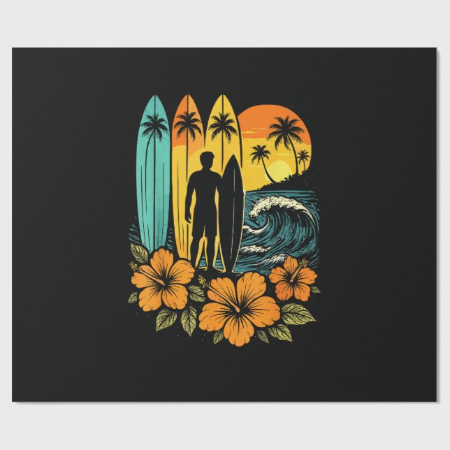 Retro Surf Beach Sunset Tropical Wrapping Paper (Flat)