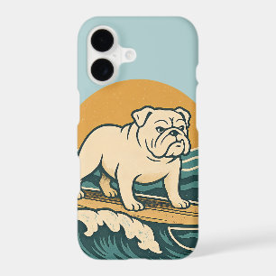 Retro Surf Bulldog Blue Coastal Surfing Dog Phone