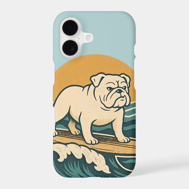 Retro Surf Bulldog Blue Coastal Surfing Dog Phone (Back)