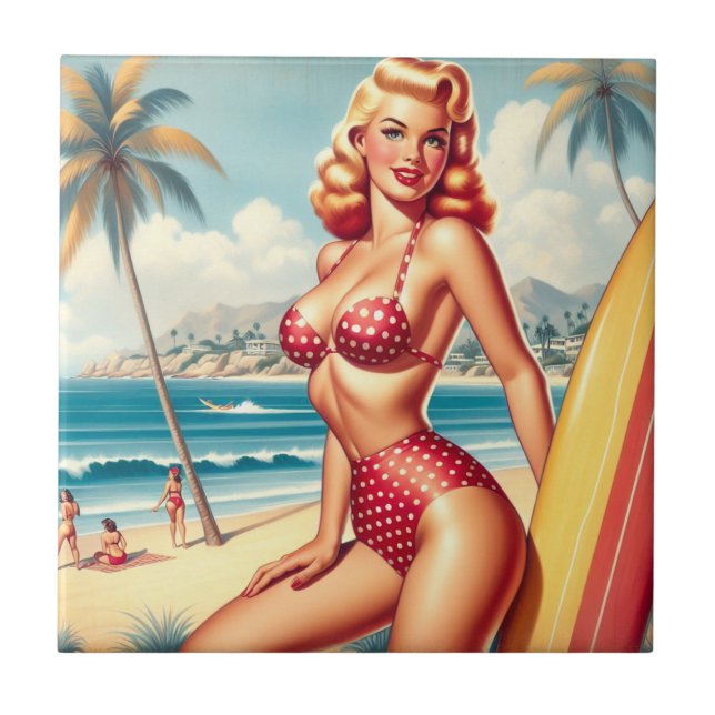 Retro Surf Pin Up Ceramic Tile (Front)
