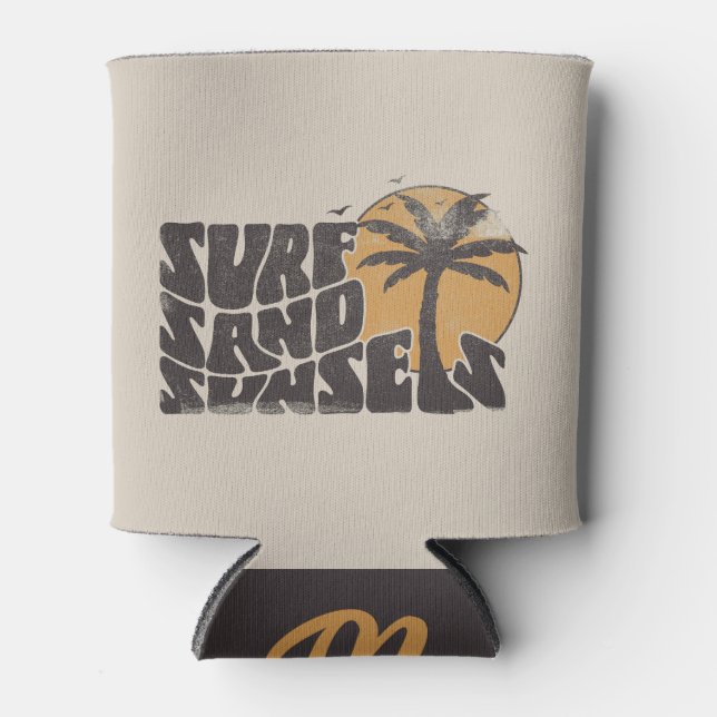 Retro Surf Sand Sunsets Palm Tree Beach Vibes Can Cooler (Front)