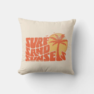 Retro Surf Sand Sunsets Palm Tree Beach Vibes Cushion