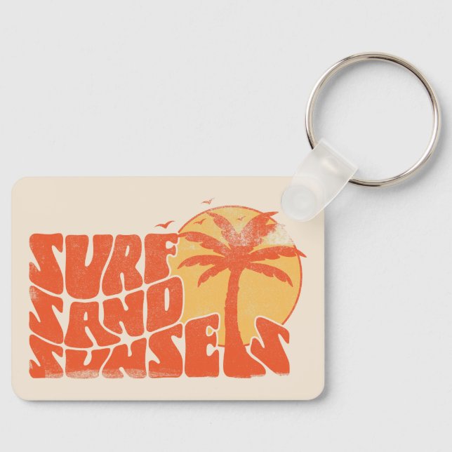Retro Surf Sand Sunsets Palm Tree Beach Vibes Key Ring (Front)