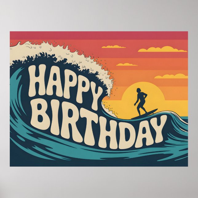 Retro Surf Theme "Happy Birthday" Illustration Poster (Front)