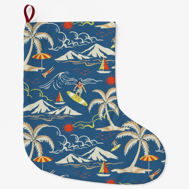 Retro Surf Tropical Pattern Large Christmas Stocking (Front)