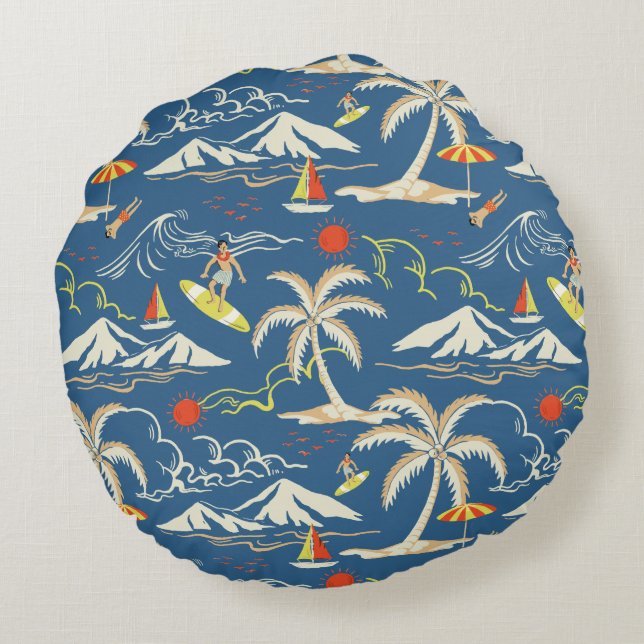 Retro Surf Tropical Pattern Round Cushion (Back)