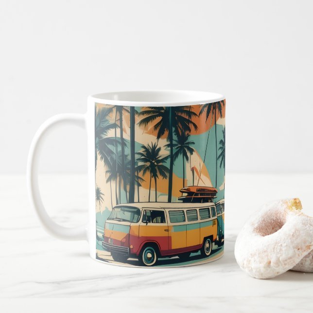 Retro Surf Van & Palm Trees Coffee Mug | Tropical  (With Donut)