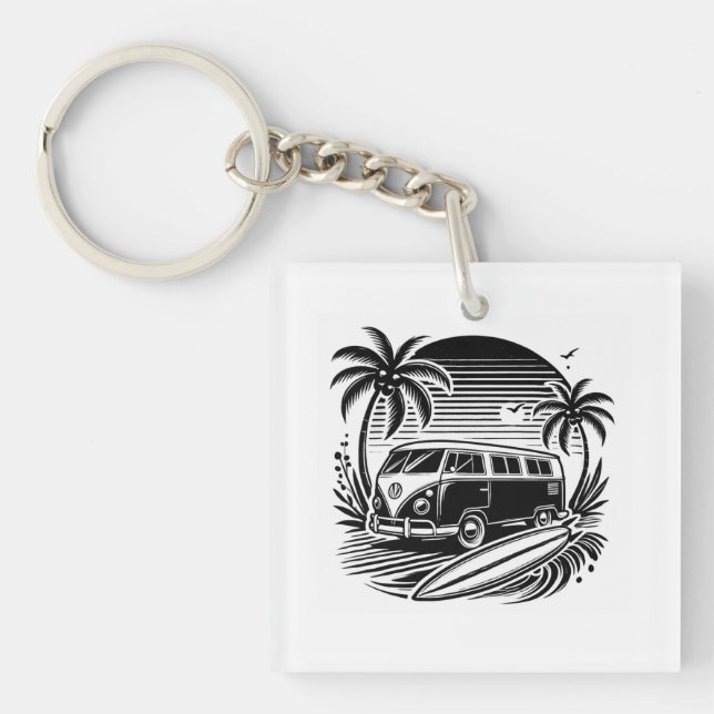 Retro Surf Van & Palm Trees Design Keychain (Front)