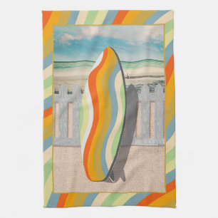 Retro Surfboard Pelican Wavy Stripe Art Tea Towel