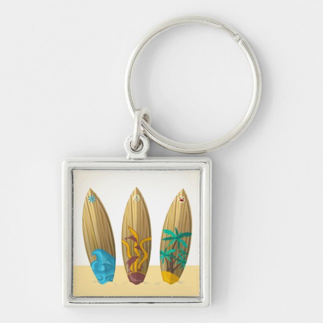 Retro surfboard trio summer beach key ring (Front)
