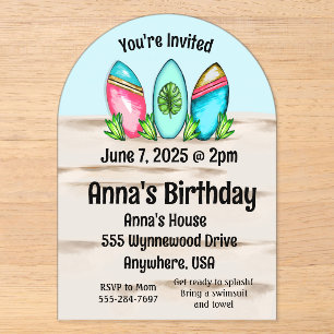 Retro Surfboards, Pink, Acrylic Invitations