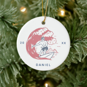 Retro Surfer Boy Beach Vibes Name & Year Big Wave Ceramic Ornament