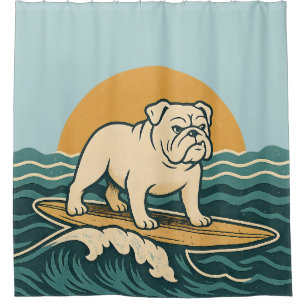 Retro Surfer Bulldog - Blue Coastal Surfing Dog Shower Curtain