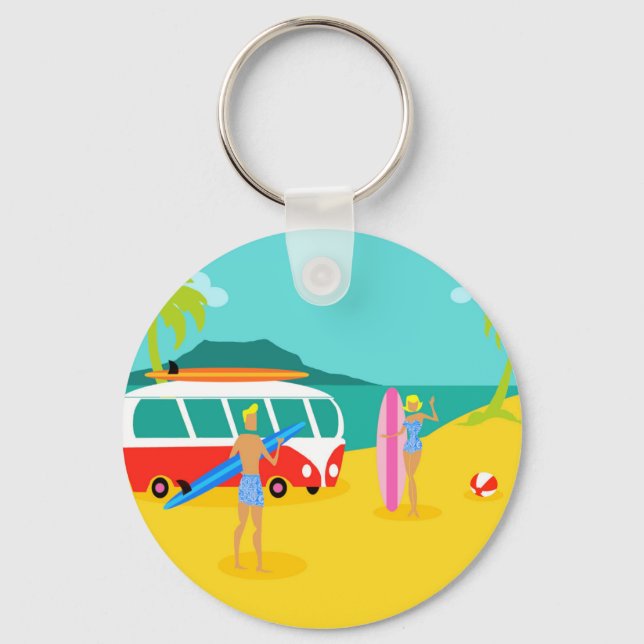 Retro Surfer Couple Button Keychain (Front)