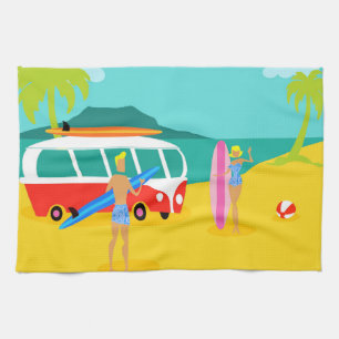 Retro Surfer Couple Kitchen Towel