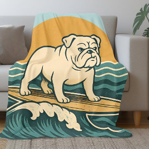Retro Surfer Dog Art Blue Coastal Surfing Bulldog Fleece Blanket