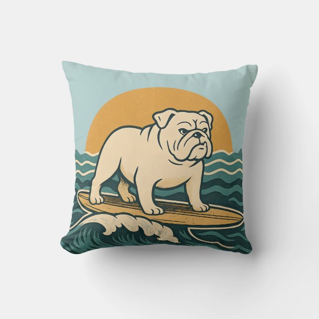 Retro Surfer Dog Art - Reversible Surfboard Print Cushion (Front)